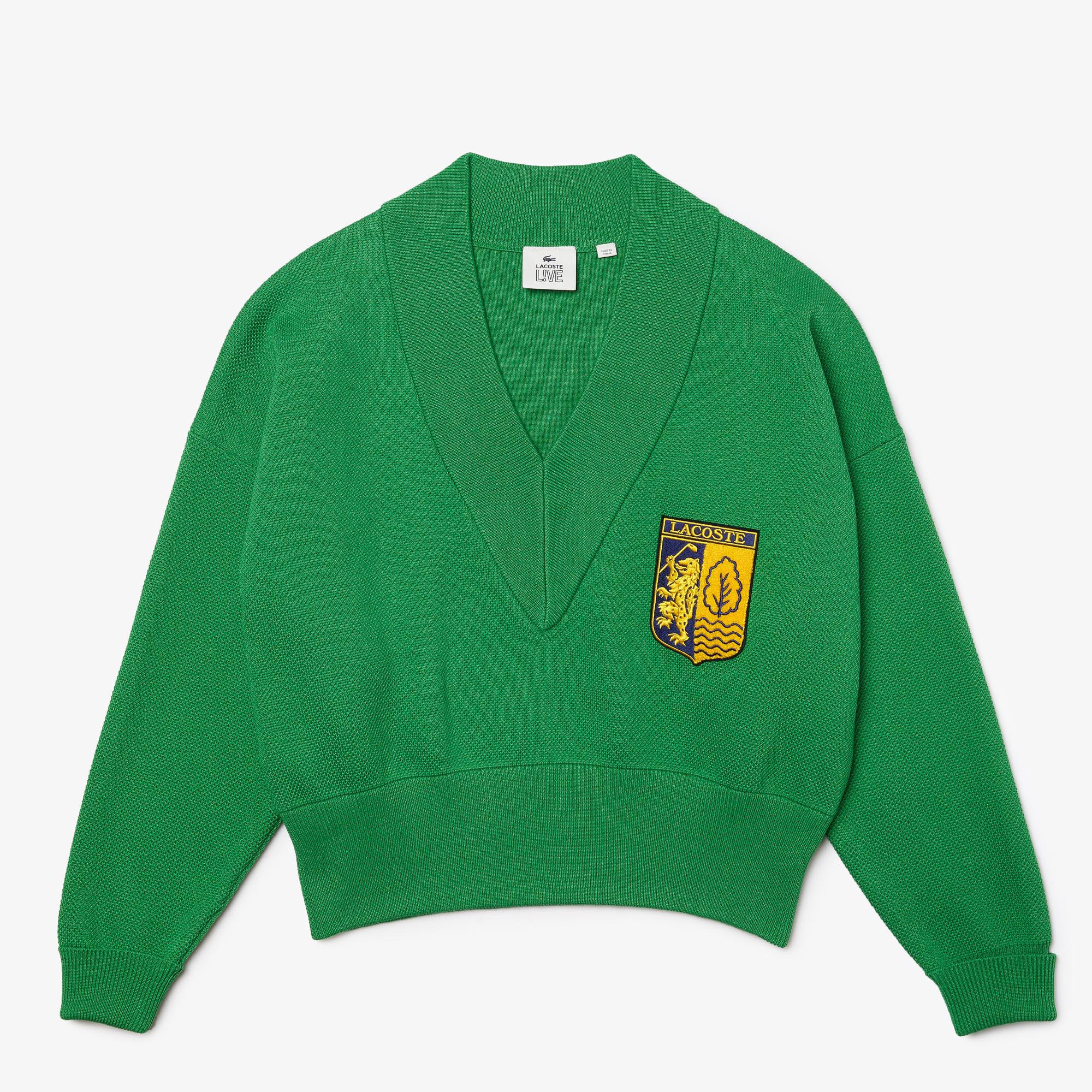 Lacoste L!VE Damski sweter z naszywką z herbem z dekoltem w kształcie litery V