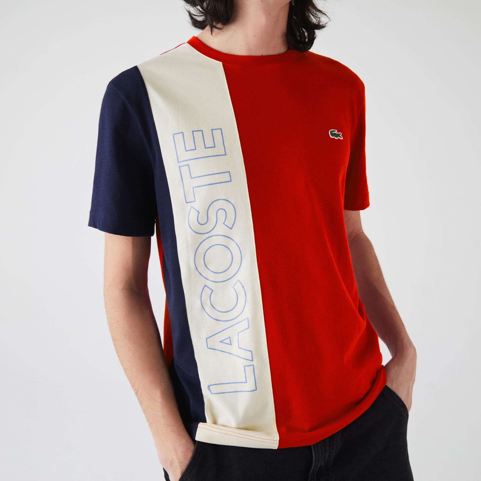 Lacoste Męski T-shirt w bloki kolorystyczne z napisem Lacoste z okrągłym dekoltem