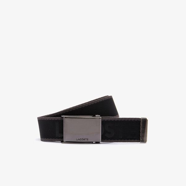 Lacoste Men’s Engraved Plate Buckle Lettered Woven Belt