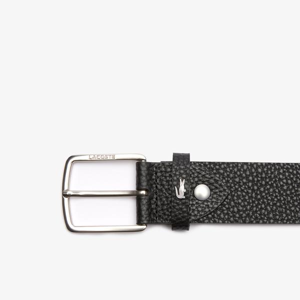 Lacoste Men's  Engraved Square Buckle Grained Leather Belt